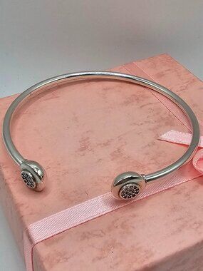 Sterling Silver 925 Rhodium Plated Open Circle CZ Bangle Bracelet Size 20